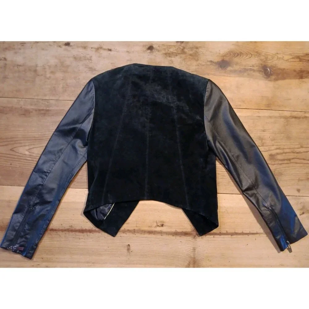 Vtg Y2K Bebe Leather and Suede Crop Moto Jacket Womens XS Black Goth Lined - Picture 8 of 9